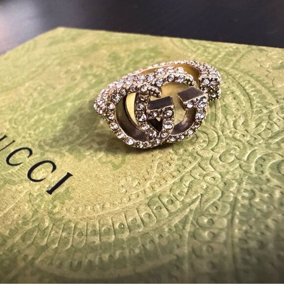 Gucci Signed Barrel Key Crystal Pave Unisex Adjustable Ring - Picture 7 of 15